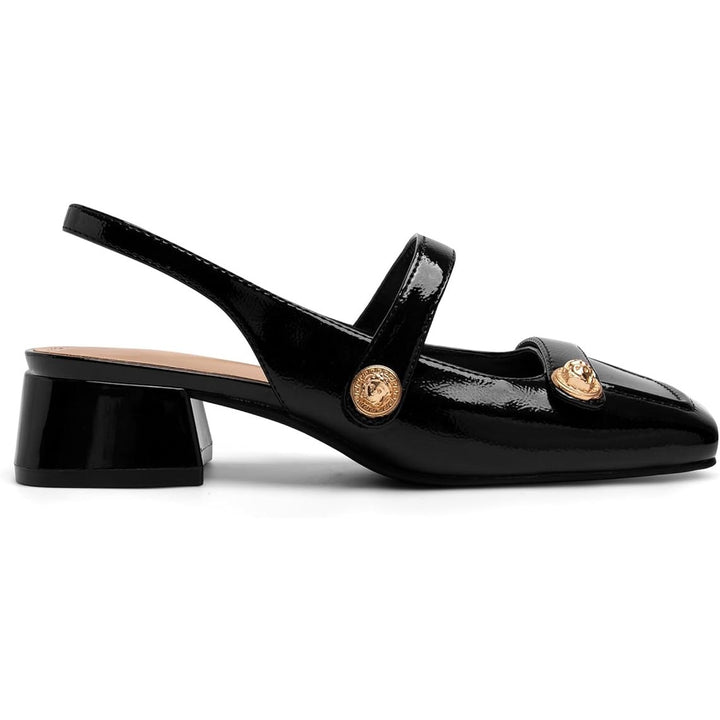 Womens Size 10 Black Faux Leather Slingback Mary Jane 1.75" Block Heel Shoes