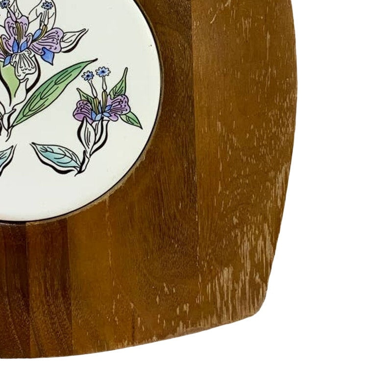 Vintage Vermillion Ginger Flower Ceramic Inset Real Walnut Wood Snack Platter