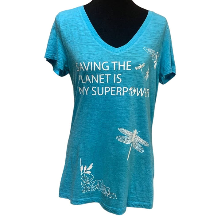 Hand Printed Womens Upcycled Large Dragonfly Saving the Planet Superpower Tee