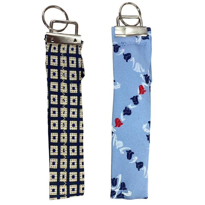 2 Handmade Upcycled Mens Tie Necktie Blue Floral Square Pattern Keychain Straps