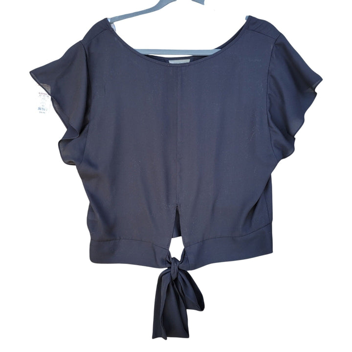 NWT New iZ Byer Womens XL Black Short Flutter Sleeve Sheer Back Tie Top Blouse