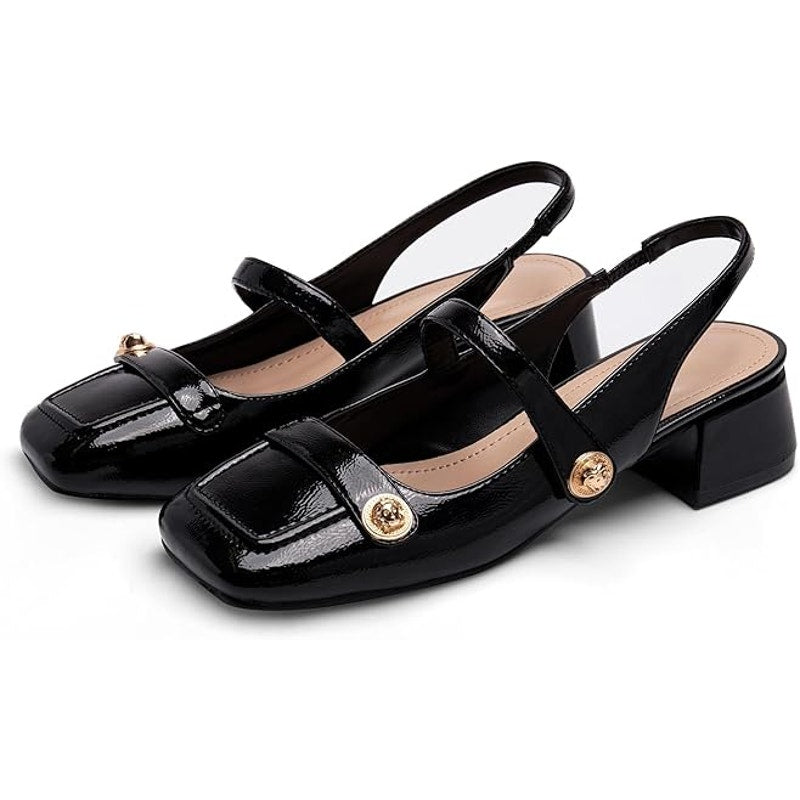 Womens Size 10 Black Faux Leather Slingback Mary Jane 1.75" Block Heel Shoes