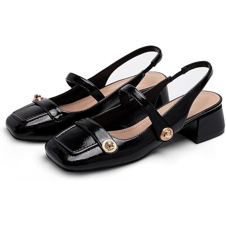 Womens Size 10 Black Faux Leather Slingback Mary Jane 1.75" Block Heel Shoes