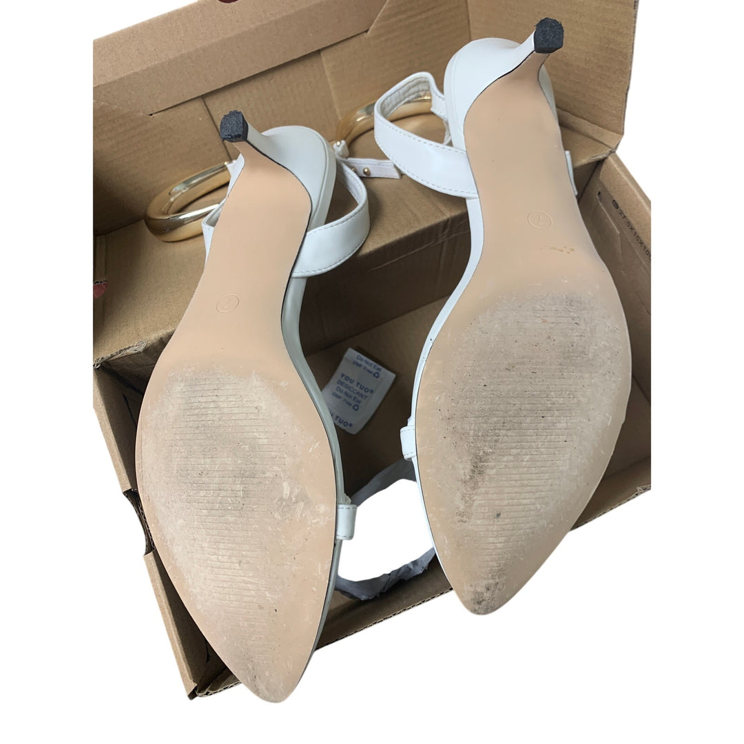 Coutgo Womens 7 White Open Toe Bangle Ankle Strap Low Kitten Heel Sandal Shoes