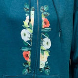Hand Printed Medium Upcycled Flower Rose Full Zip Hoodie Sweatshirt Jacket