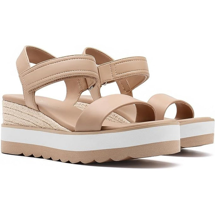 Athlefit Womens Size 6.5 Tan Hook Loop 2.5" Platform Open Toe Espadrille Sandals