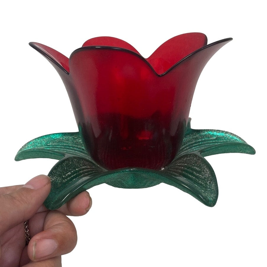 Vintage Vetreria LUX Made In Italy Red Glass Flower Glitter Leaf Candle Holder