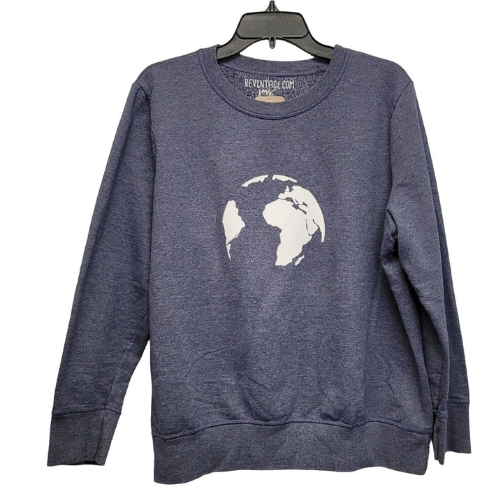 Hand Printed Upcycled Womens 1X PolyBlend Planet Earth Long Sleeve Sweatshirt