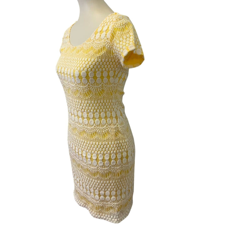 Tiana B Womens Small Short Sleeve Body Con Yellow Dress White Crochet Overlay