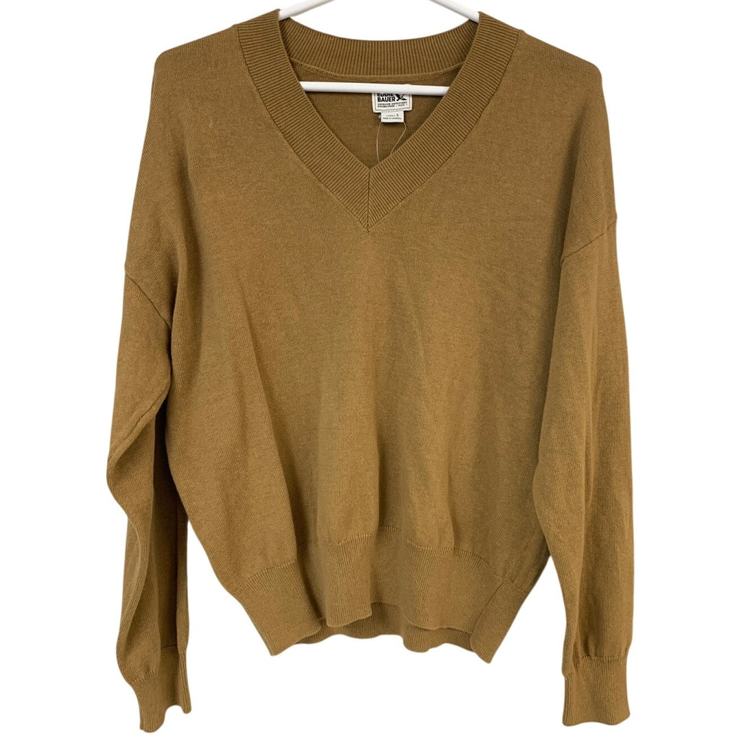 New Eddie Bauer Womens Camel Brown 100% Cotton Everyday V-Neck Pullover Sweater