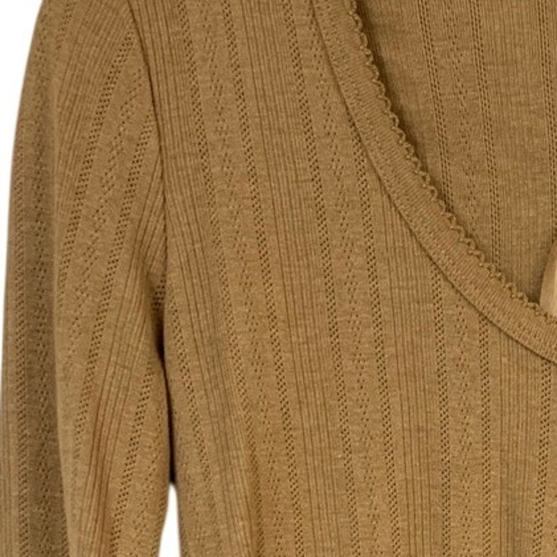 New Eddie Bauer Womens Camel Brown Perfect Pointelle Long Sleeve PolyCotton Top
