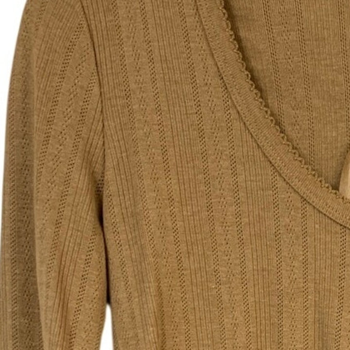 New Eddie Bauer Womens Camel Brown Perfect Pointelle Long Sleeve PolyCotton Top