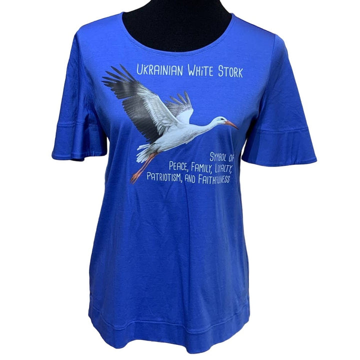 Upcycled Hand Printed Small Ukraine Flag Stork Bird Slava Ukraini Artist Tee