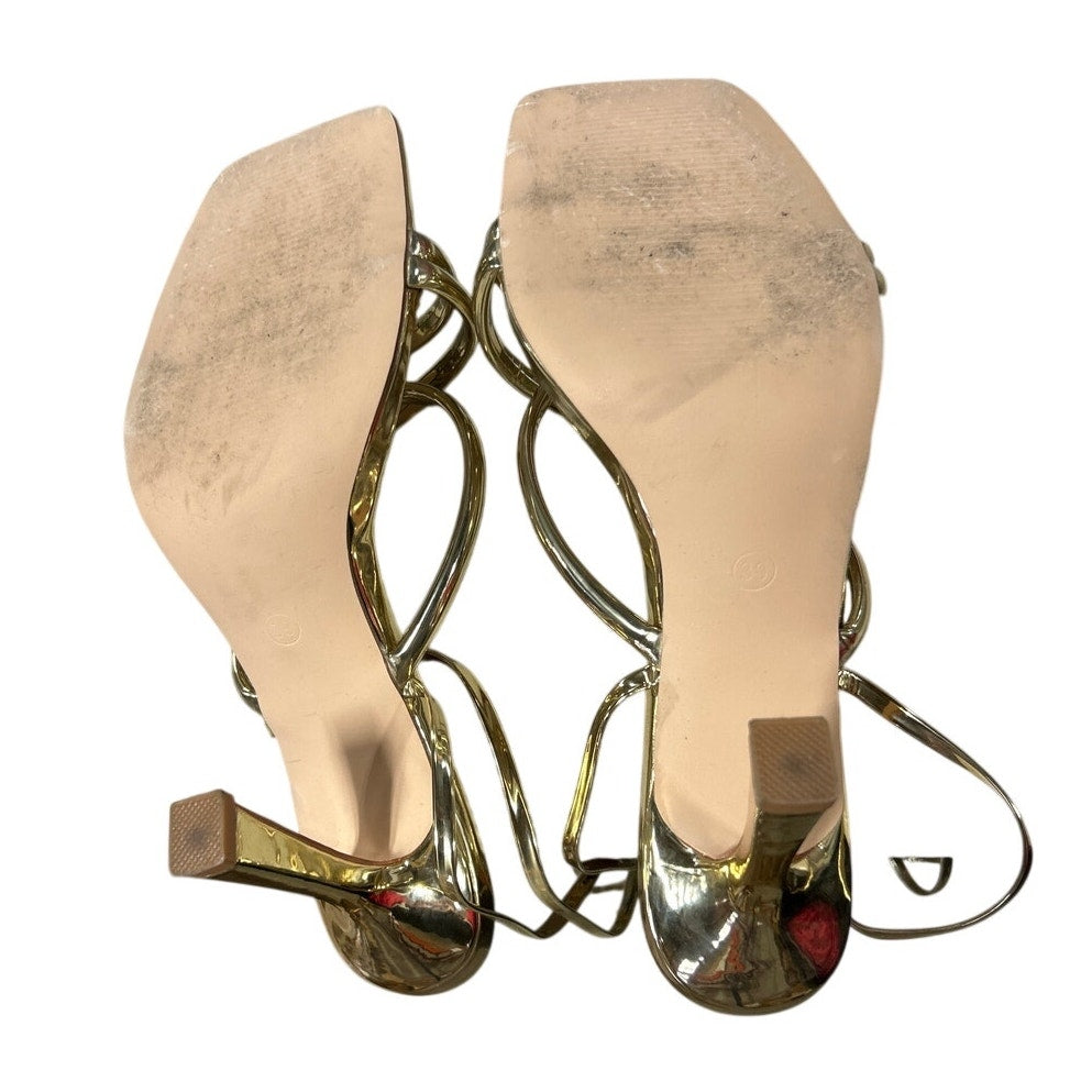 Mostrin Womens Size 8.5 Shiny Gold Gladiator Ankle Wrap 4" Heels Open Toe Shoes