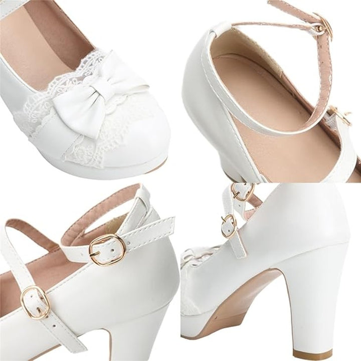 Foreada Womens 6.5 White Lace Bow 3.5" Platform Heel Mary Jane Closed Toe Shoes