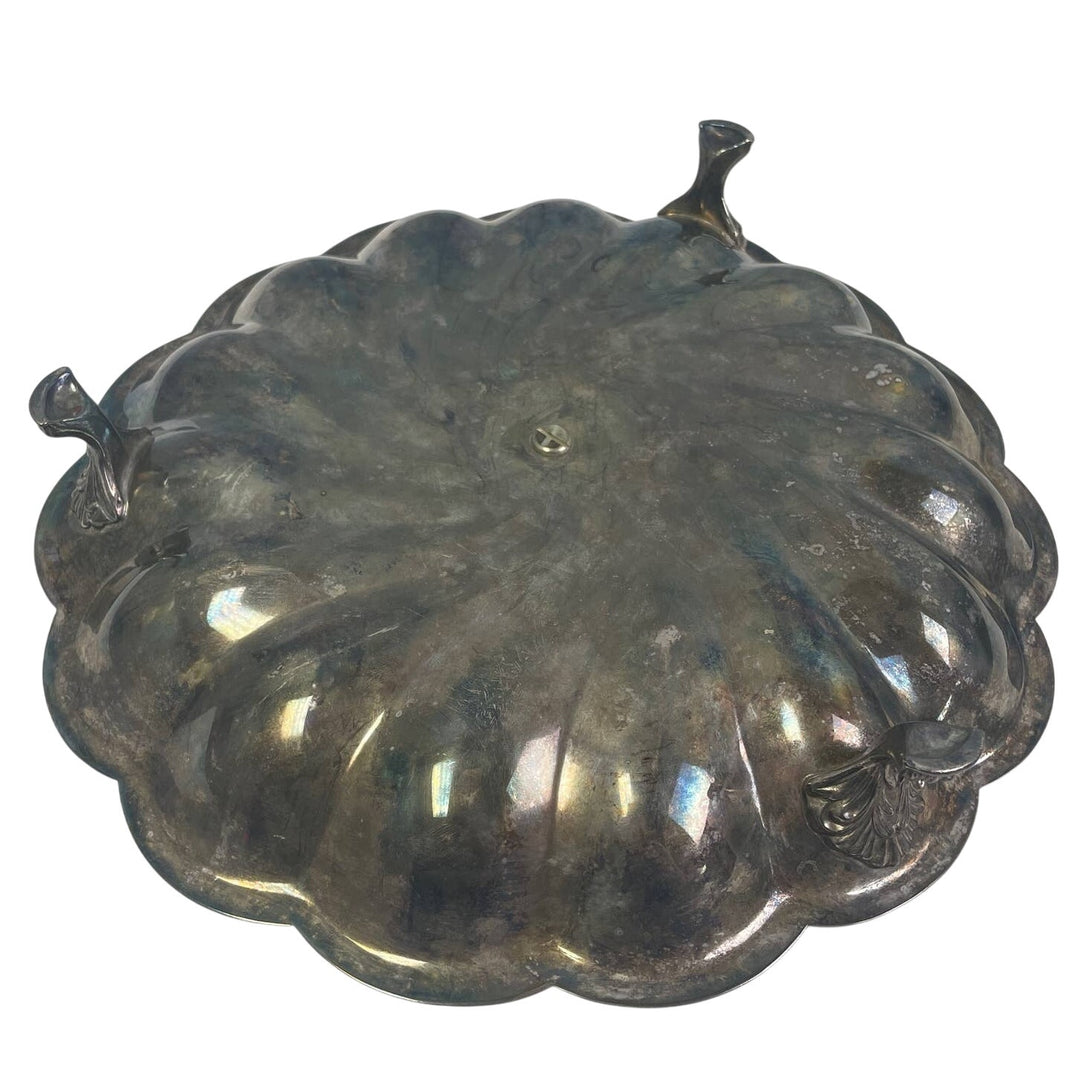 Vintage Tarnished Patina Silver Plated Footed Scalloped Platter Serving Plate