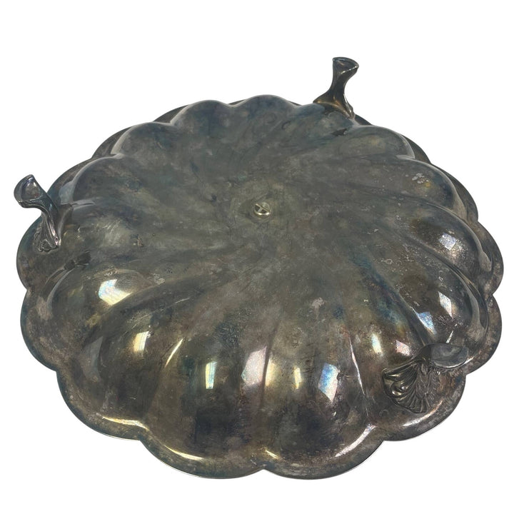 Vintage Tarnished Patina Silver Plated Footed Scalloped Platter Serving Plate