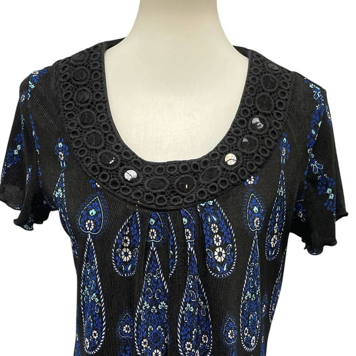 Elementz Womens Large Stretch Pleated Polyester Sequin Lace Short Sleeve Blouse