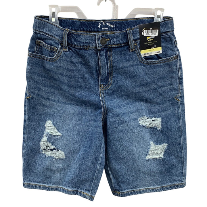 New Art Class Kids Medium Adjustable Waist Distressed At Knee Denim Jean Shorts