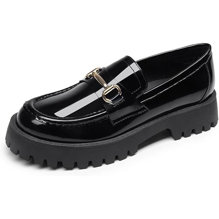 New Dream Pairs Womens 7.5 Black Faux Leather GOLD Buckle Platform Loafer Shoes