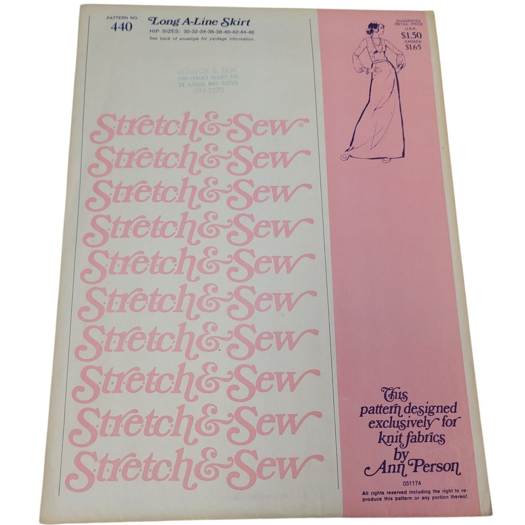 Vintage 1974 Stretch &amp; Sew 440 Long A-Line Skirt Knit Fabric Sewing Pattern