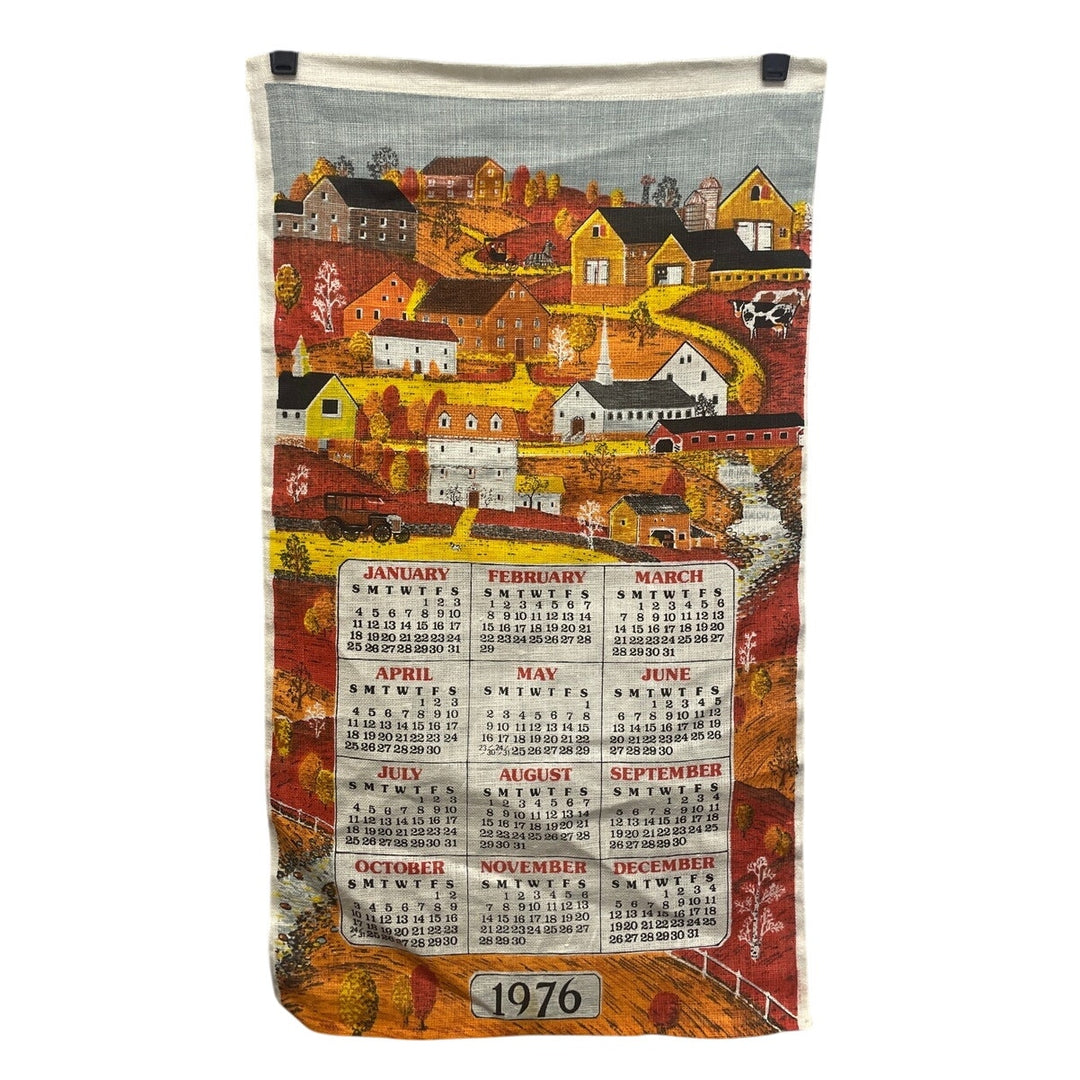 Vintage 1976 Woven Fabric Country Farm Houses Hanging Annual Calendar Towel
