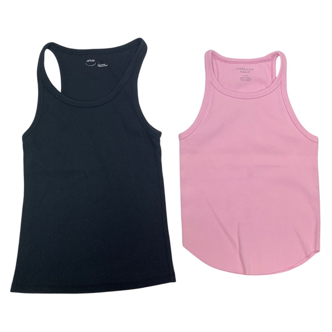 2 New American Eagle Womens Small Light Pink Black Sleeveless Ribbed Tank Tops