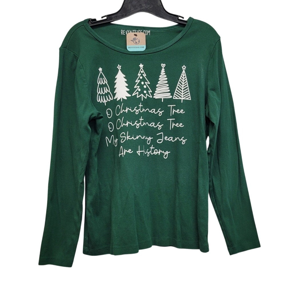 Hand Printed Upcycled Womens Large Christmas Tree Skinny Jeans Are History Tee