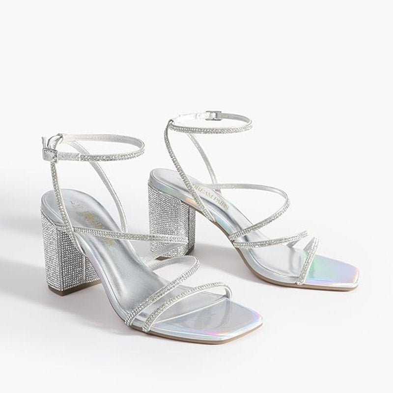 Dream Pairs Womens Size 7.5 Silver Rhinestone 3.5" Block Heel Ankle Strap Shoes
