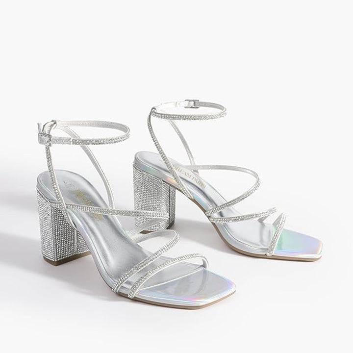 Dream Pairs Womens Size 7.5 Silver Rhinestone 3.5" Block Heel Ankle Strap Shoes