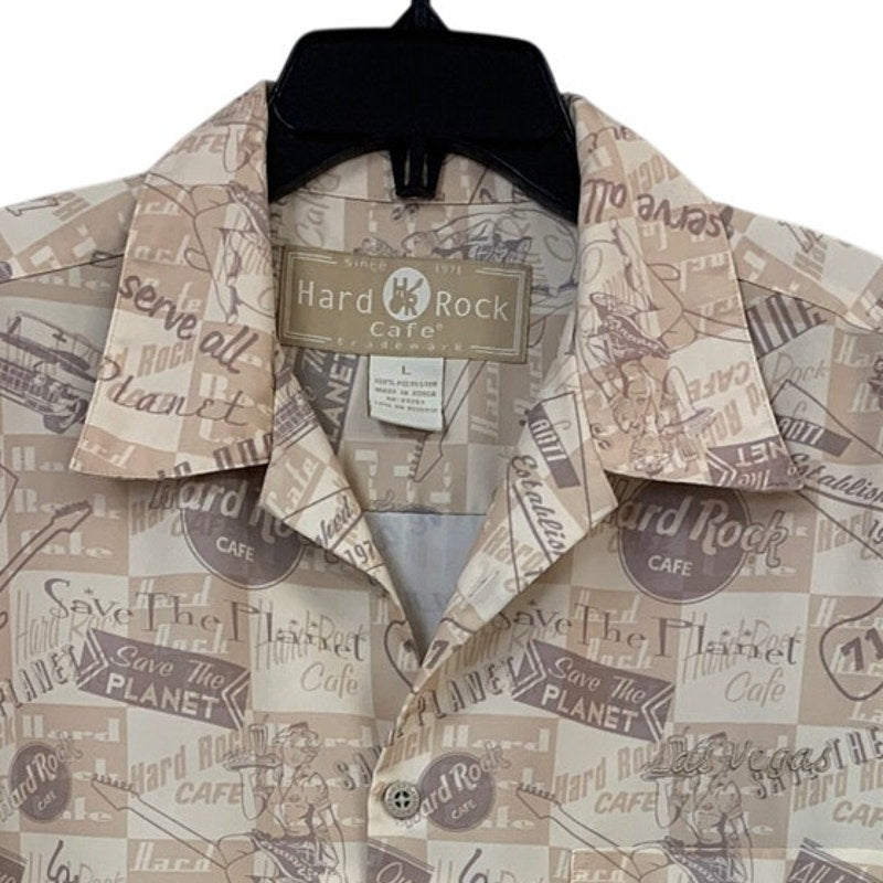 Hard Rock Cafe Mens Large Save The Planet Short Sleeve Polyester Button Up Shirt