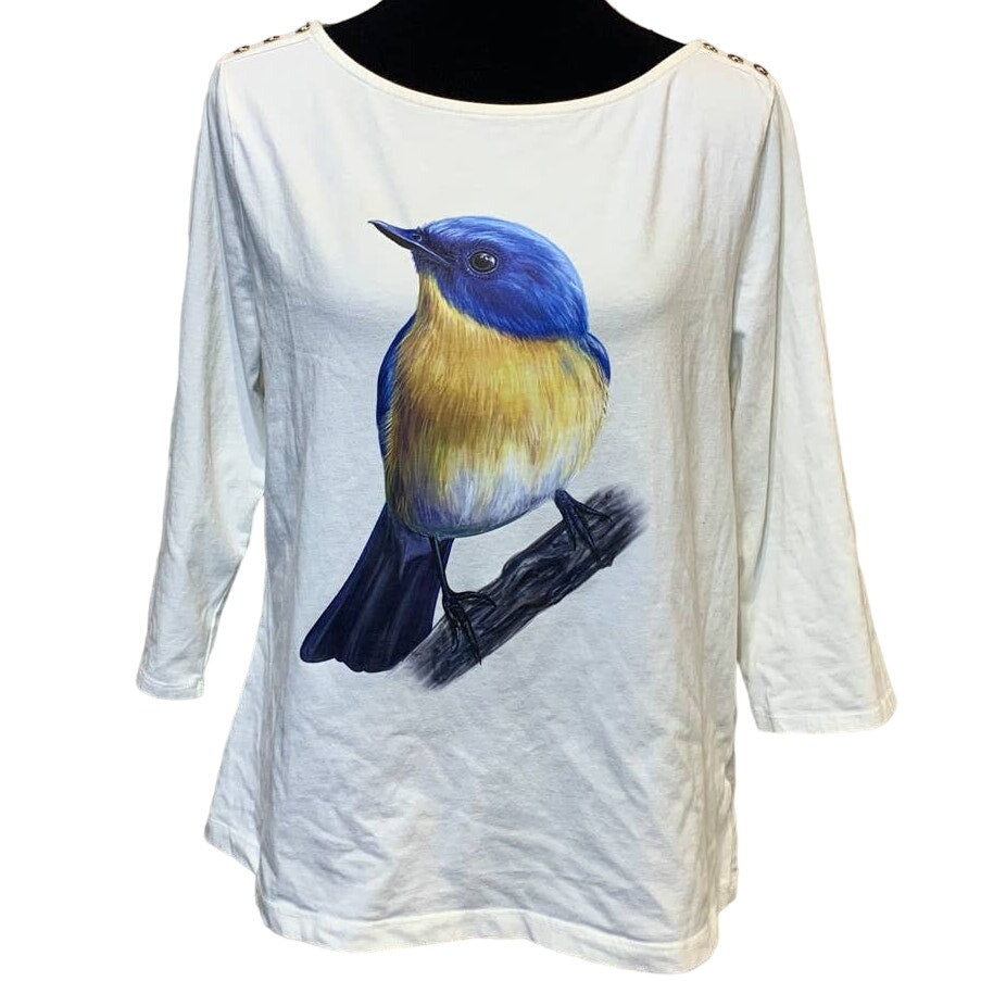 Upcycled Hand Printed XL Yellow Bluebird Ukraine Artist Fundraiser Bird Tee