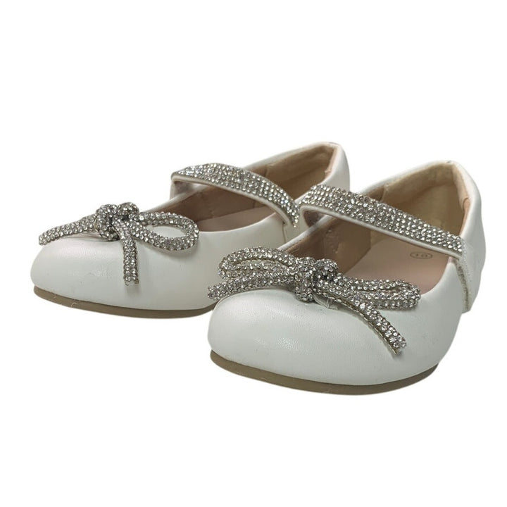 New Toddler Girls Size 10 White Mary Jane Silver Sparkle Bow Slide On Flat Shoes