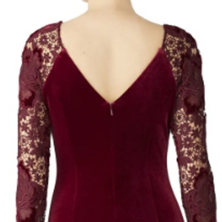 Badgley Mischka Size 8 Red Velvet Long Lace Sleeve Knee Length Sheath Dress Gown