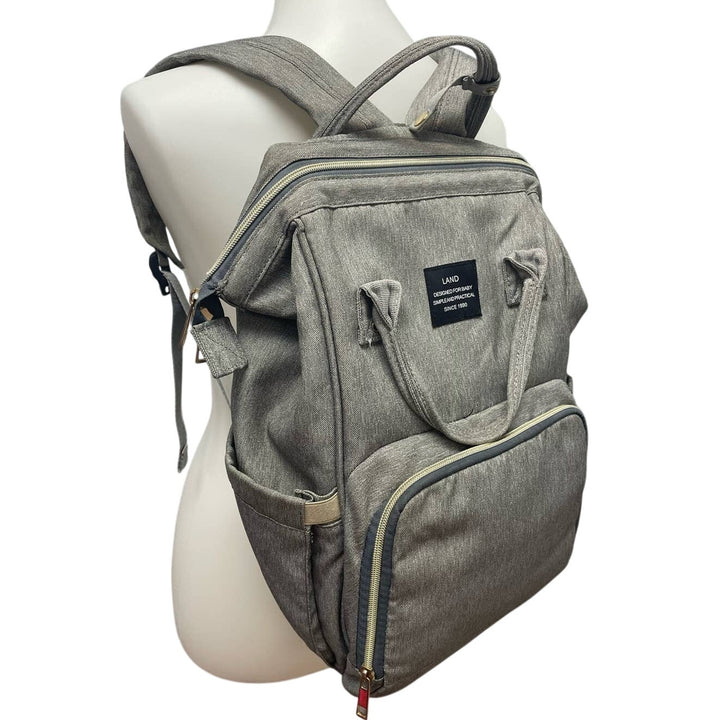 LAND Designed for Baby Gray Backpack Diaper Bag Exterior Interior Zipper Pocket