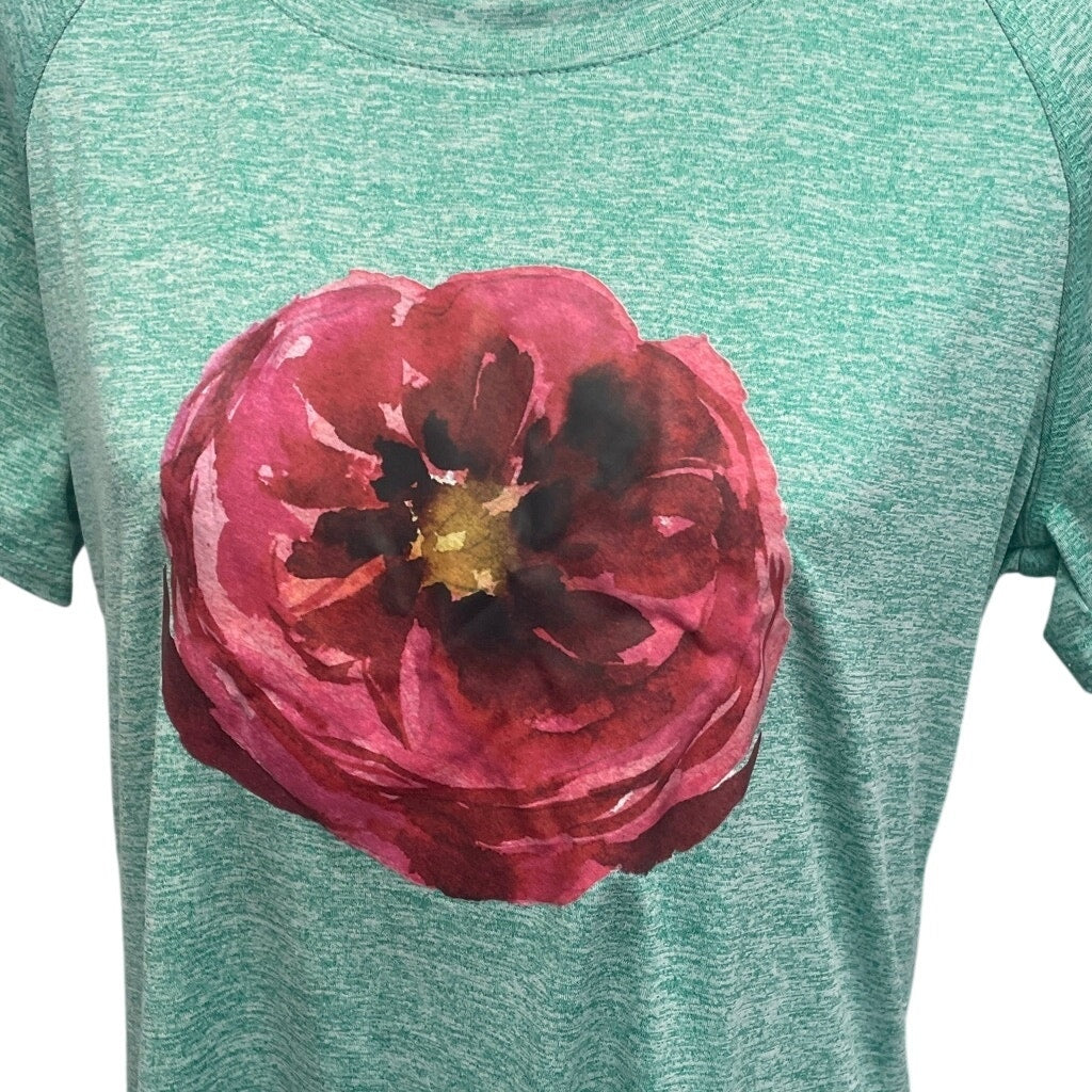 Hand Printed Upcycled XL Watercolor Peony Flower Polyester Blend Crew Neck Tee