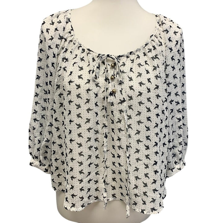 Lily Star Womens Small Sheer Bird Polka Dot Pullover Long Sleeve Blouse