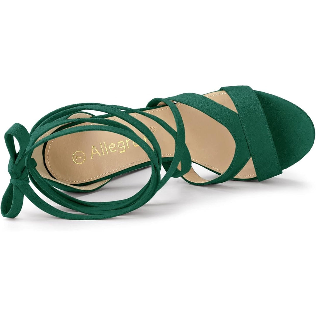 Allegra K Womens Size 8 Green 5.25" Heels Open Round Toe Lace Up Ankle Shoes