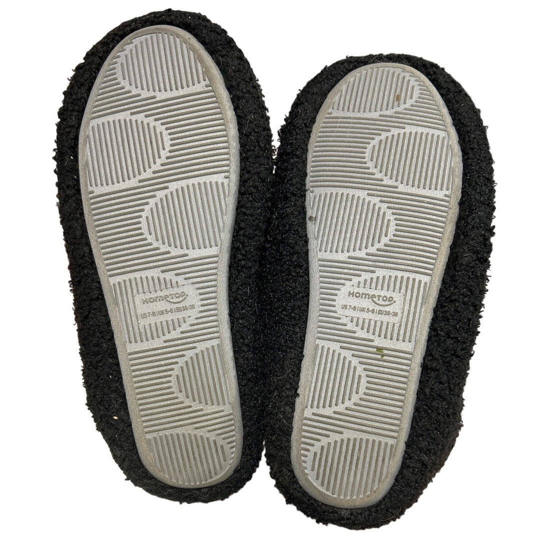 HomeTop Womens Size 7/8 Black Fuzzy Curly Fur Slide On Memory Foam Slippers