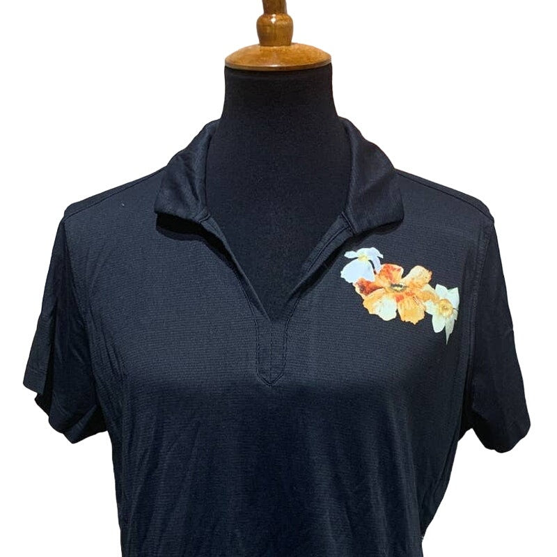 Upcycled Hand Printed Large Flower Daffodil Short Sleeve Collared Polo Shirt