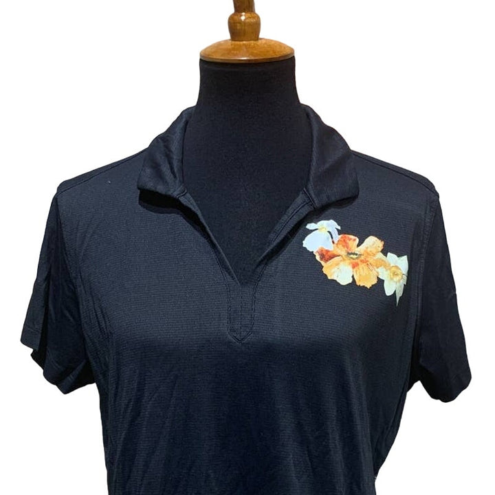Upcycled Hand Printed Large Flower Daffodil Short Sleeve Collared Polo Shirt