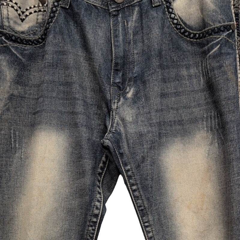 GS115 Mens 36X32 100% Cotton Factory Faded &amp; Distressed Embroidered Denim Jeans