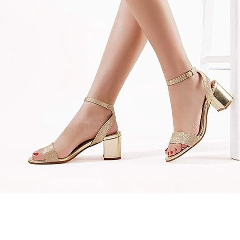 Dream Pairs Womens Size 9 Gold Glitter 2.5" Heel Round Toe Ankle Strap Shoes