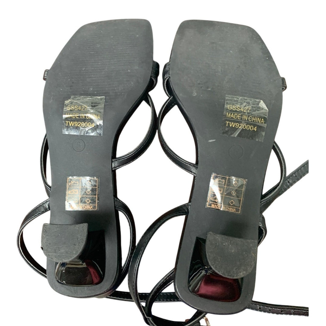 Genshuo Womens Size 6 Black Strappy 2.5" Heel Open Toe Thong Dressy Sandal Shoes