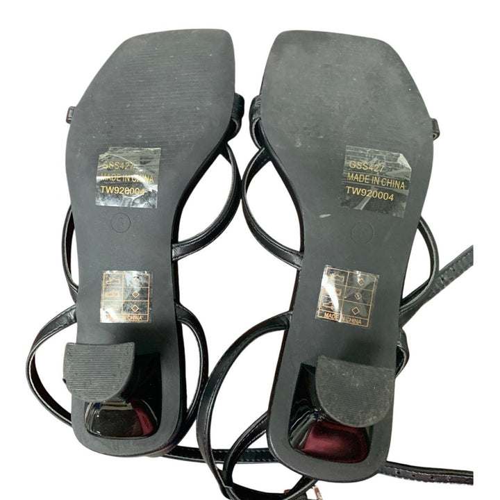 Genshuo Womens Size 6 Black Strappy 2.5" Heel Open Toe Thong Dressy Sandal Shoes