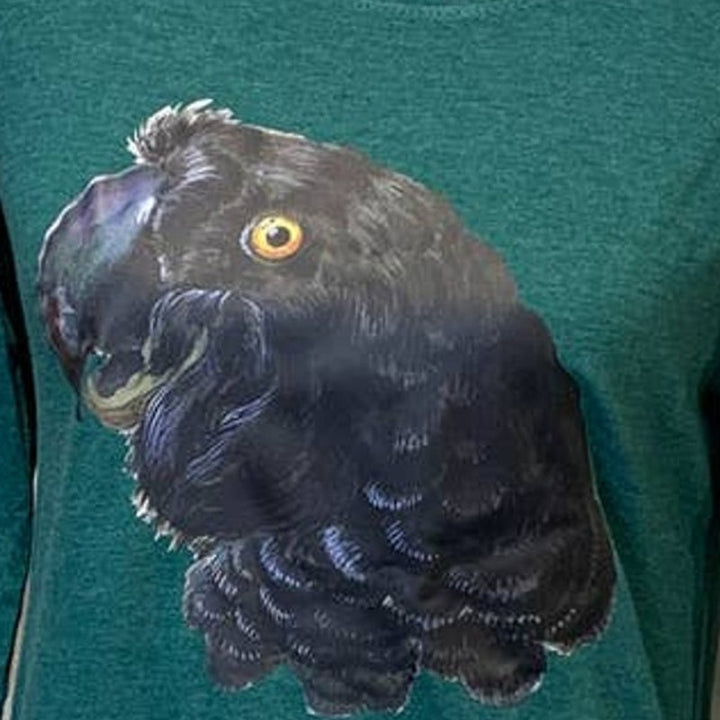 Upcycled Hand Printed Womens Small Black Parrot Bird Ukraine Fundraiser Tee