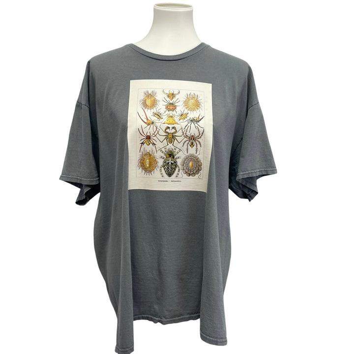 Hand Printed Upcycled Mens 2XL Vintage Book Page Arachnid Spider Crew Neck Tee