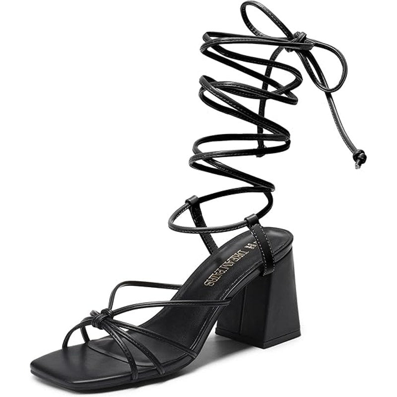 Dream Pairs Womens 11 Black Faux Leather Gladiator Lace Up 3.5" Block Heel Shoes