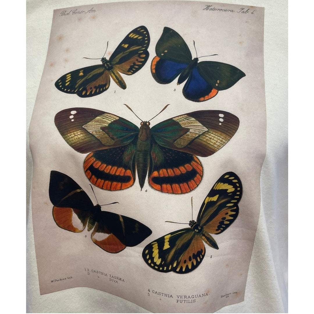 Hand Printed Upcycled Womens Medium Vintage Reference Book Butterfly Page Tee