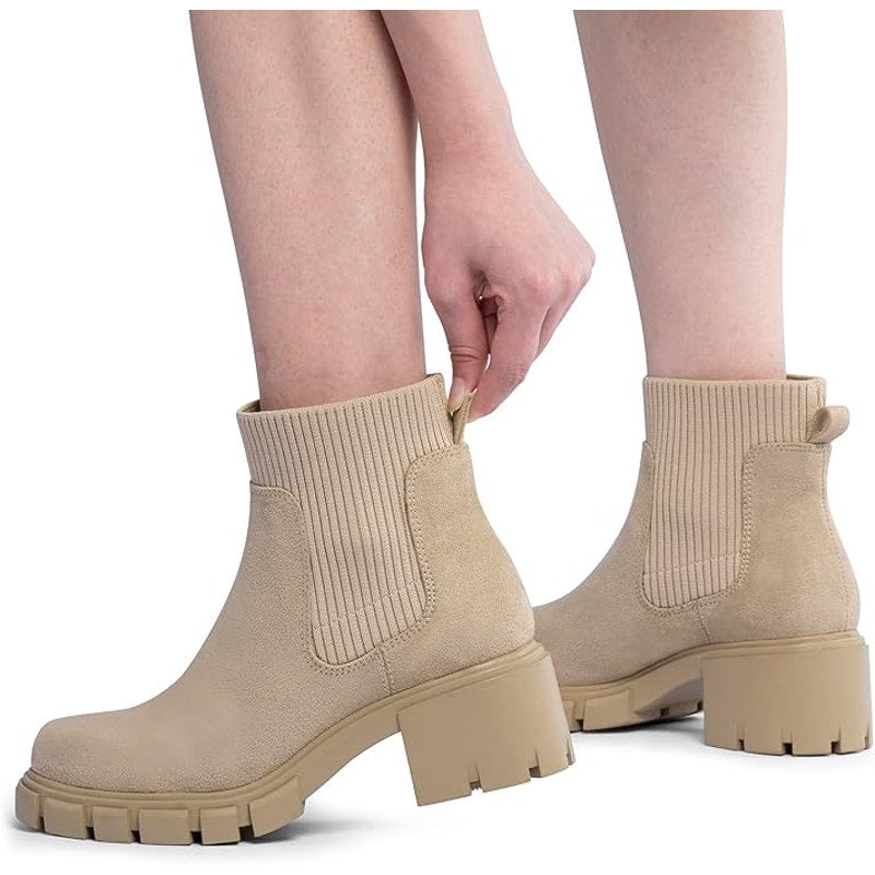 Fitory Womens 8.5 Tan Faux Suede Elastic Ankle Booties Lug Sole Chelsea Boots